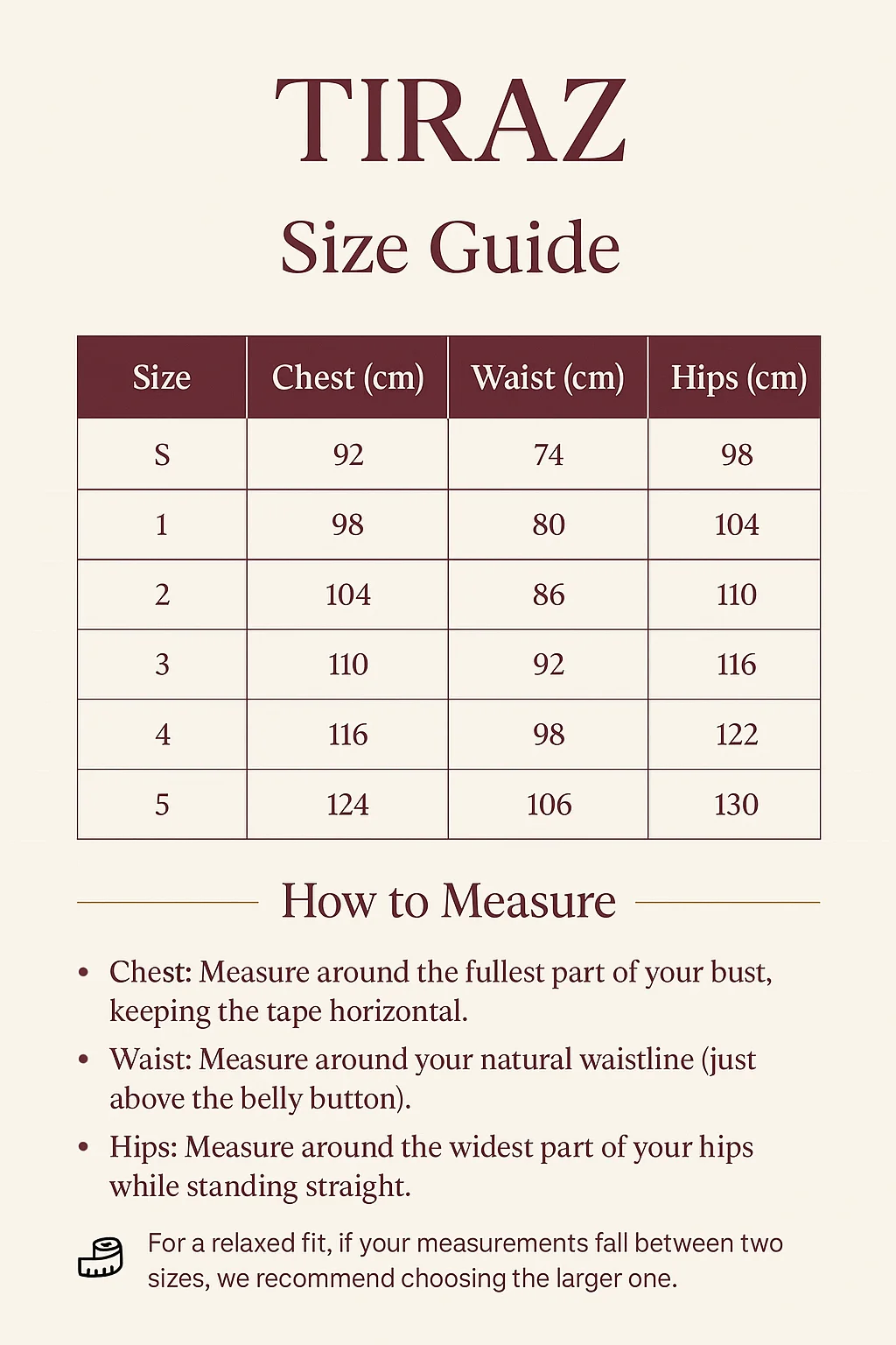 TIRAZ Size Guide